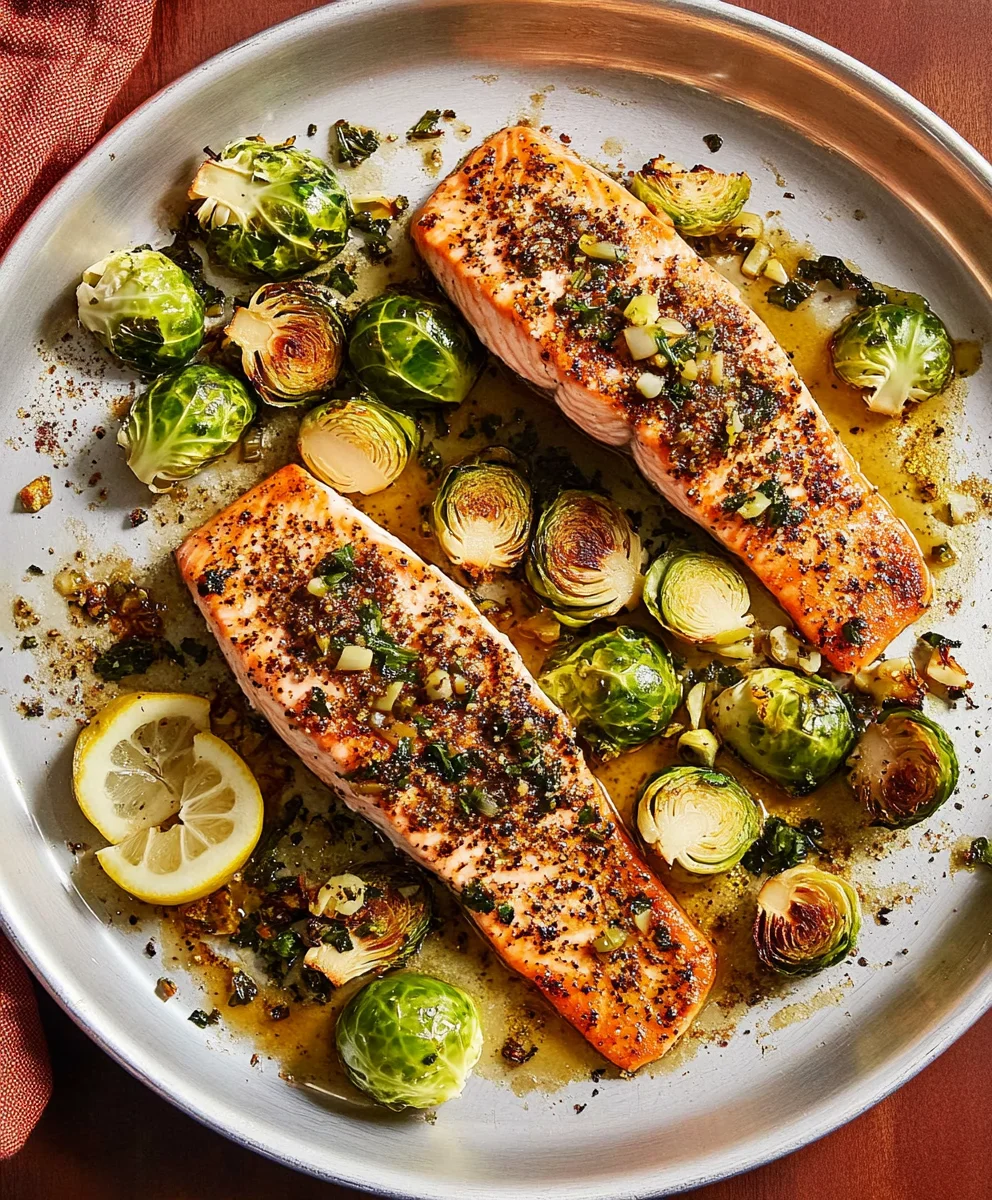 Sheet Pan Salmon with Brussels Sprouts and Lemon-Garlic Drizzle on a baking sheet, garnished with fresh herbs and lemon slices.