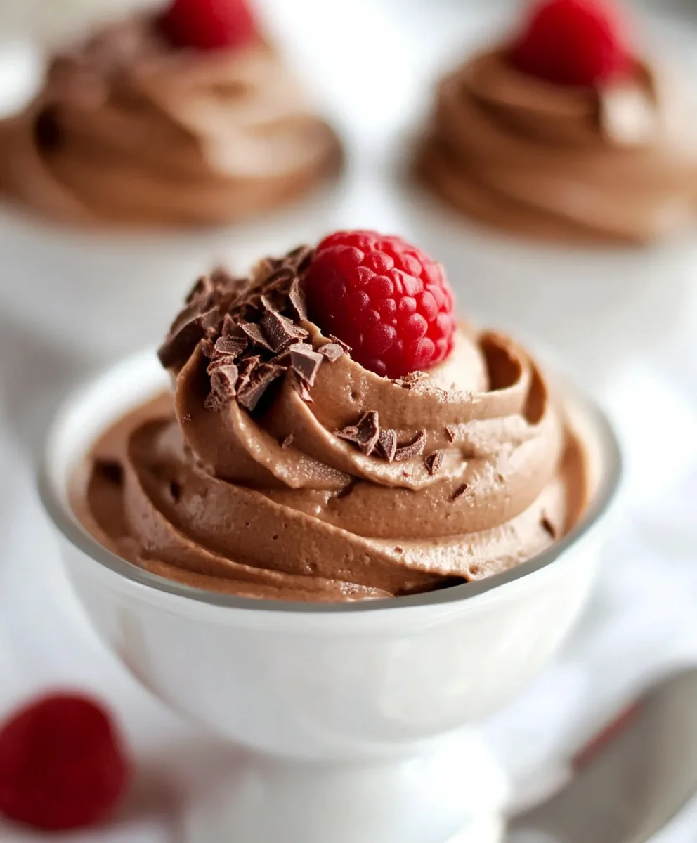 A rich and creamy chocolate mousse topped with chocolate shavings and a fresh raspberry, served in a white dessert cup.