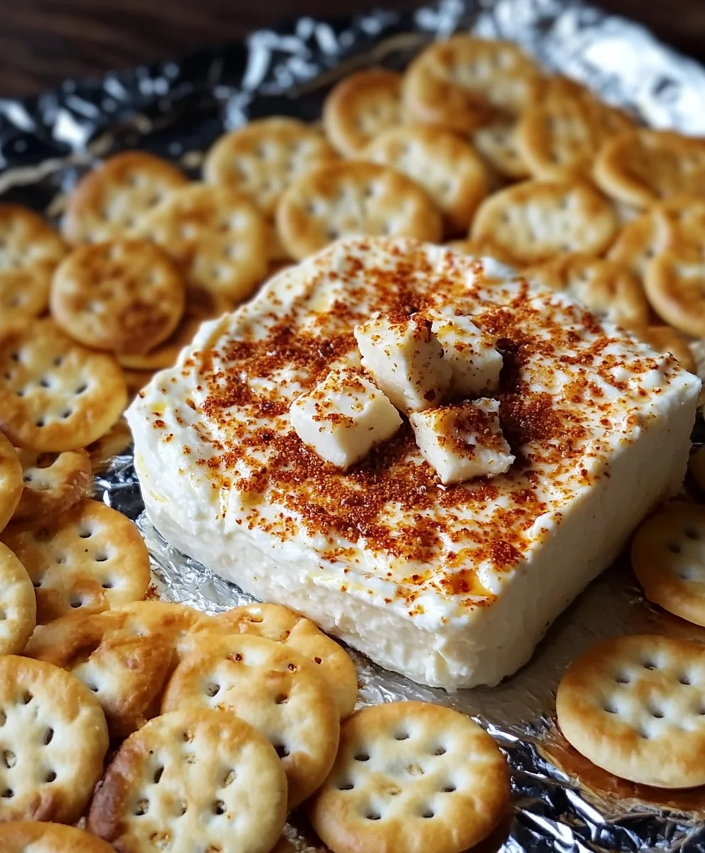 Creamy smoked cream cheese with a golden crust, seasoned with spices, and surrounded by crispy crackers.