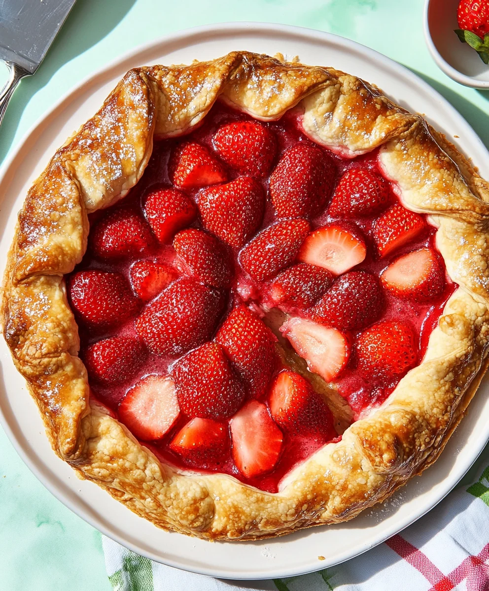 Golden-brown strawberry galette with a rustic crust, fresh strawberries, and a touch of powdered sugar.
