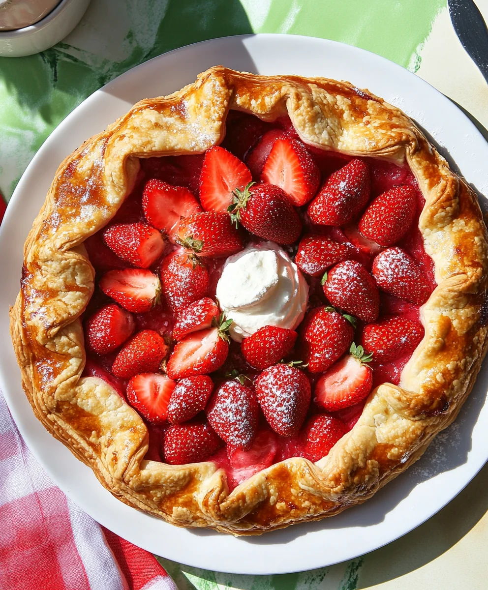 Homemade rustic strawberry galette with a golden flaky crust, fresh strawberries, and a dollop of whipped cream.
