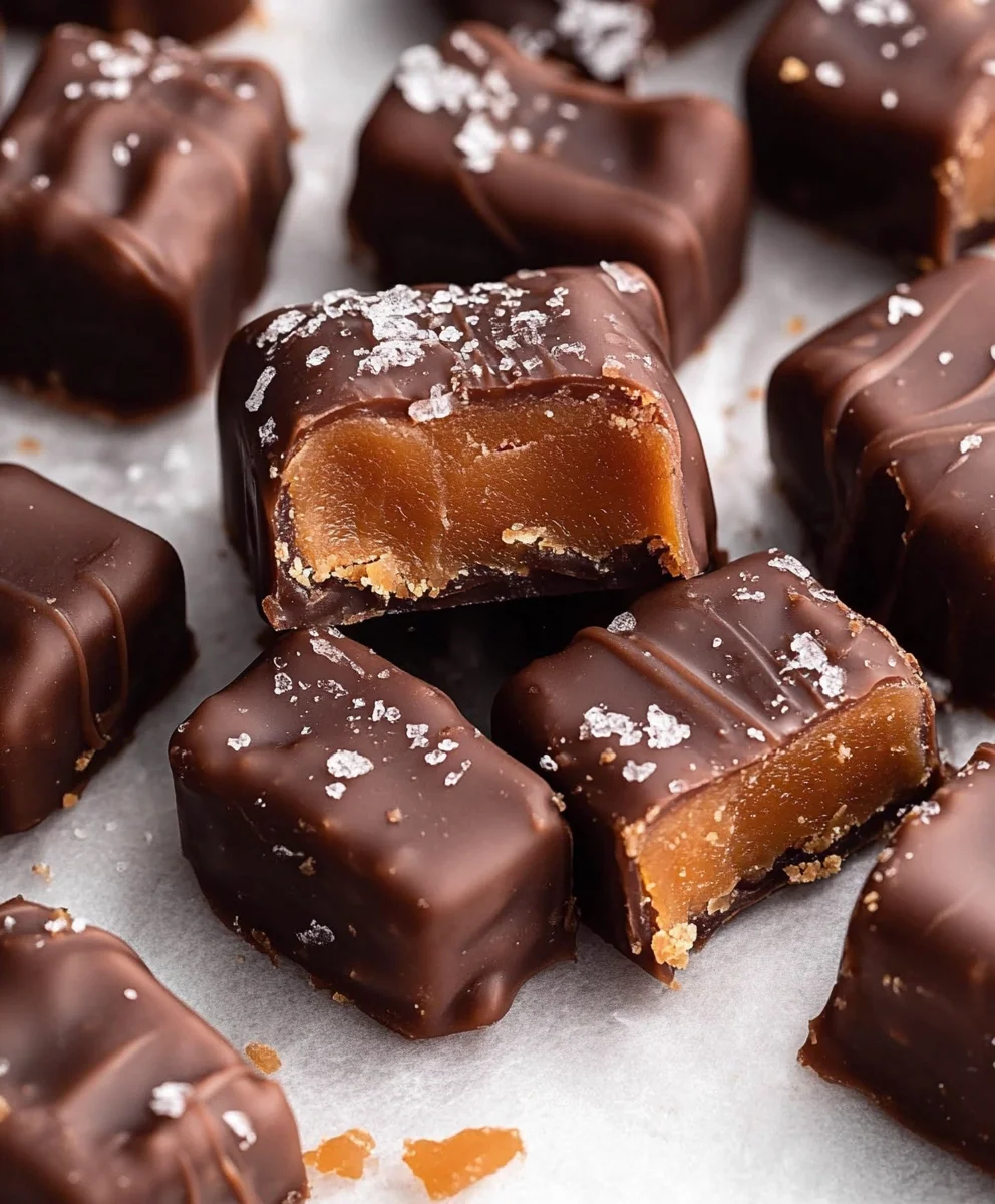 Chewy 4 ingredient date caramels coated in dark chocolate and sprinkled with sea salt
