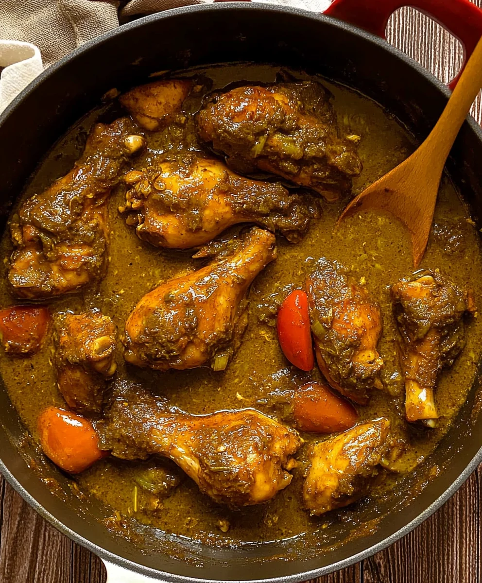 Jamaican curry chicken drumsticks simmering in a pot with rich curry sauce and vegetables.