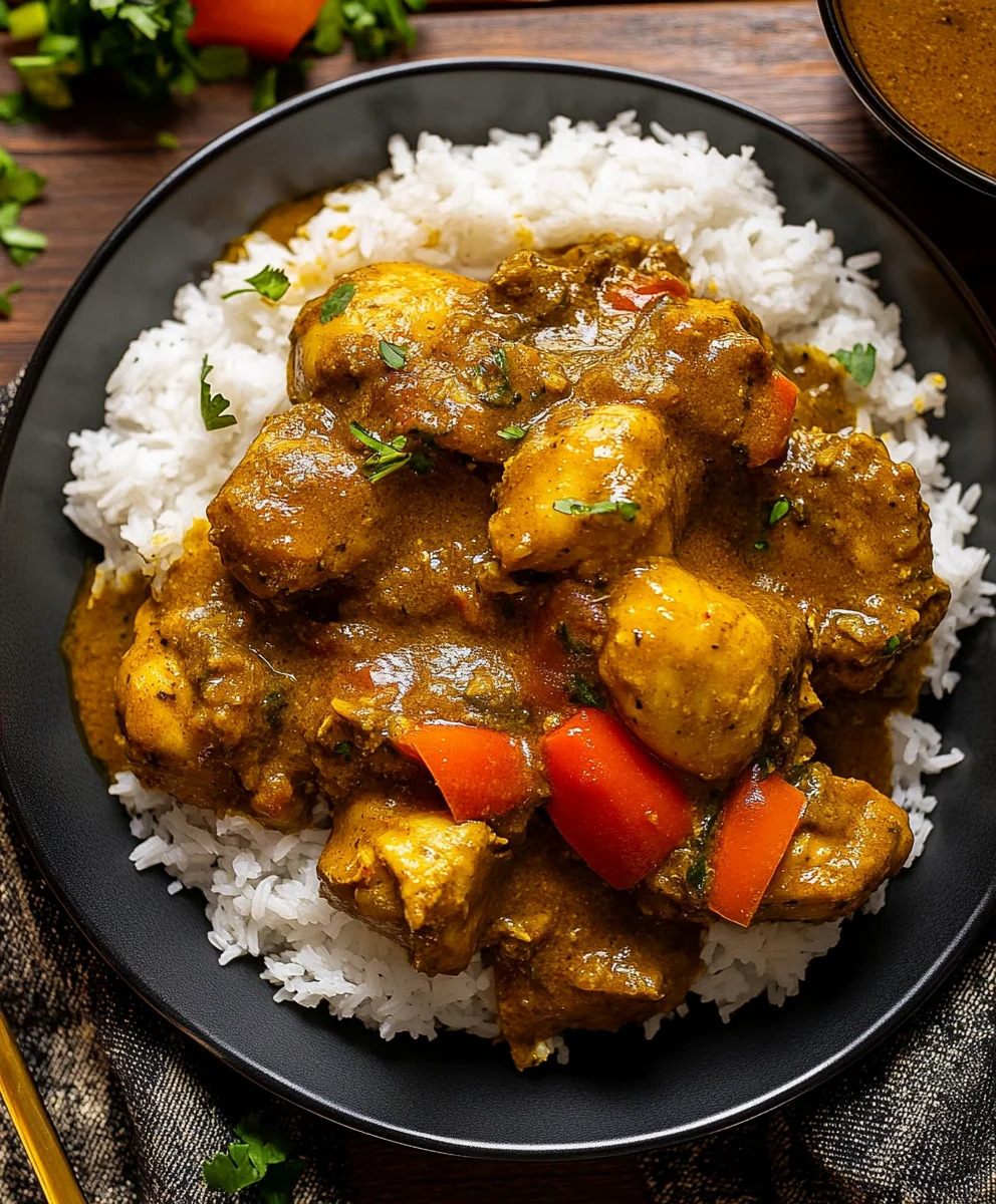Plate of Jamaican curry chicken with red bell peppers over a bed of white rice.