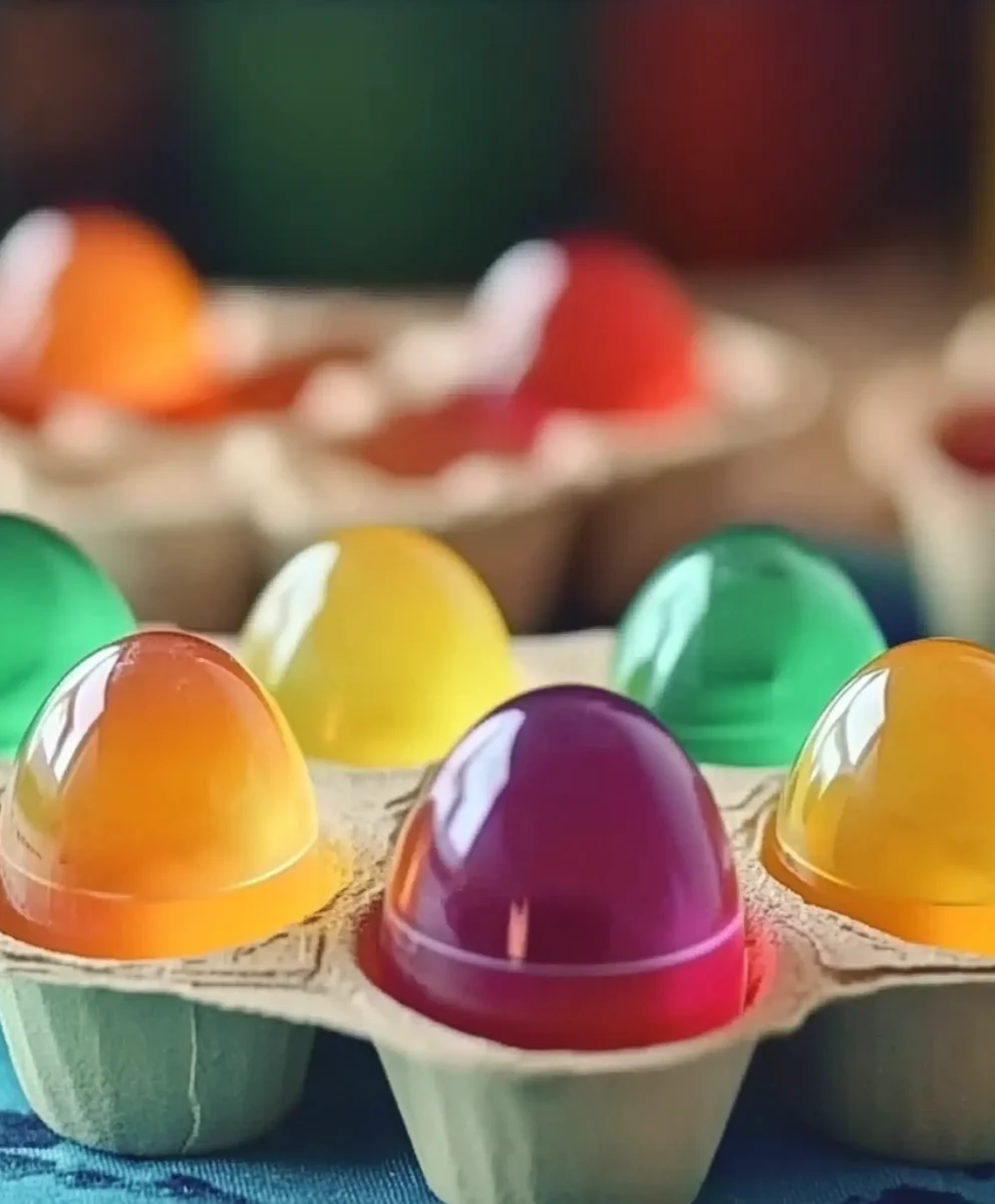 Colorful boozy egg jello shots displayed in a cardboard egg carton, ready for an Easter party.