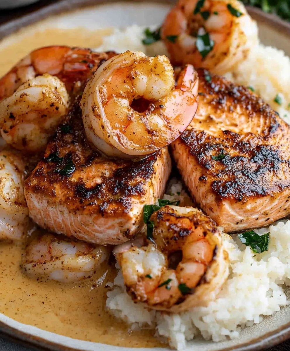 Cajun salmon and shrimp served over rice with creamy Cajun sauce