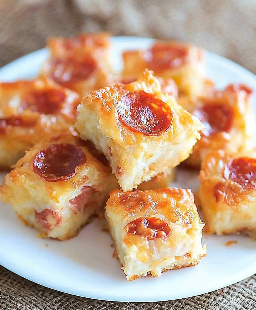 Cheesy Pepperoni Bites stacked on a plate, featuring gooey melted cheese and crispy pepperoni.
