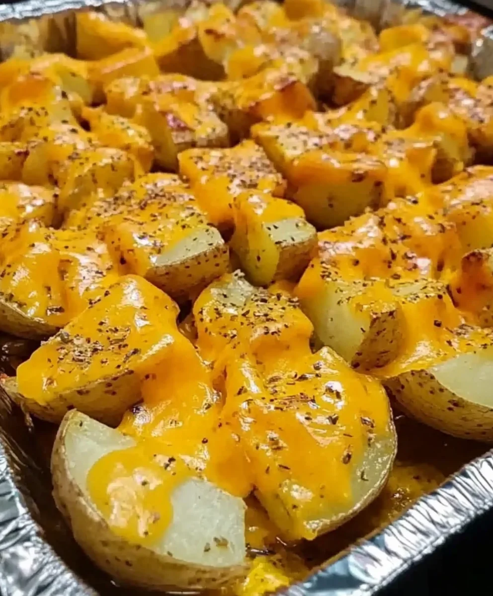 Oven-roasted ranch potatoes topped with gooey cheddar cheese and black pepper in a baking dish