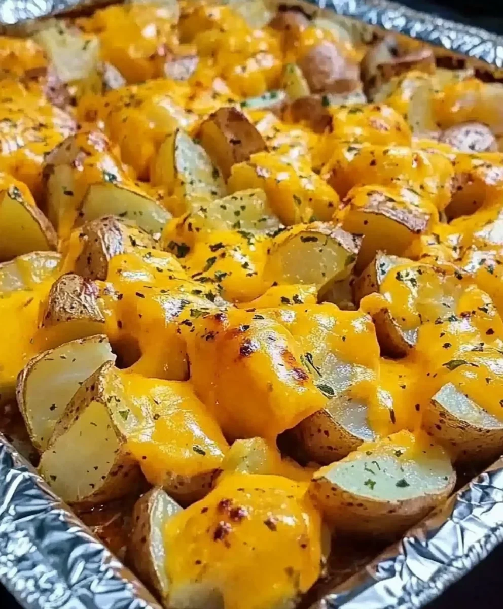 Cheesy ranch potatoes in a foil baking tray with crispy edges and garnished with fresh herbs