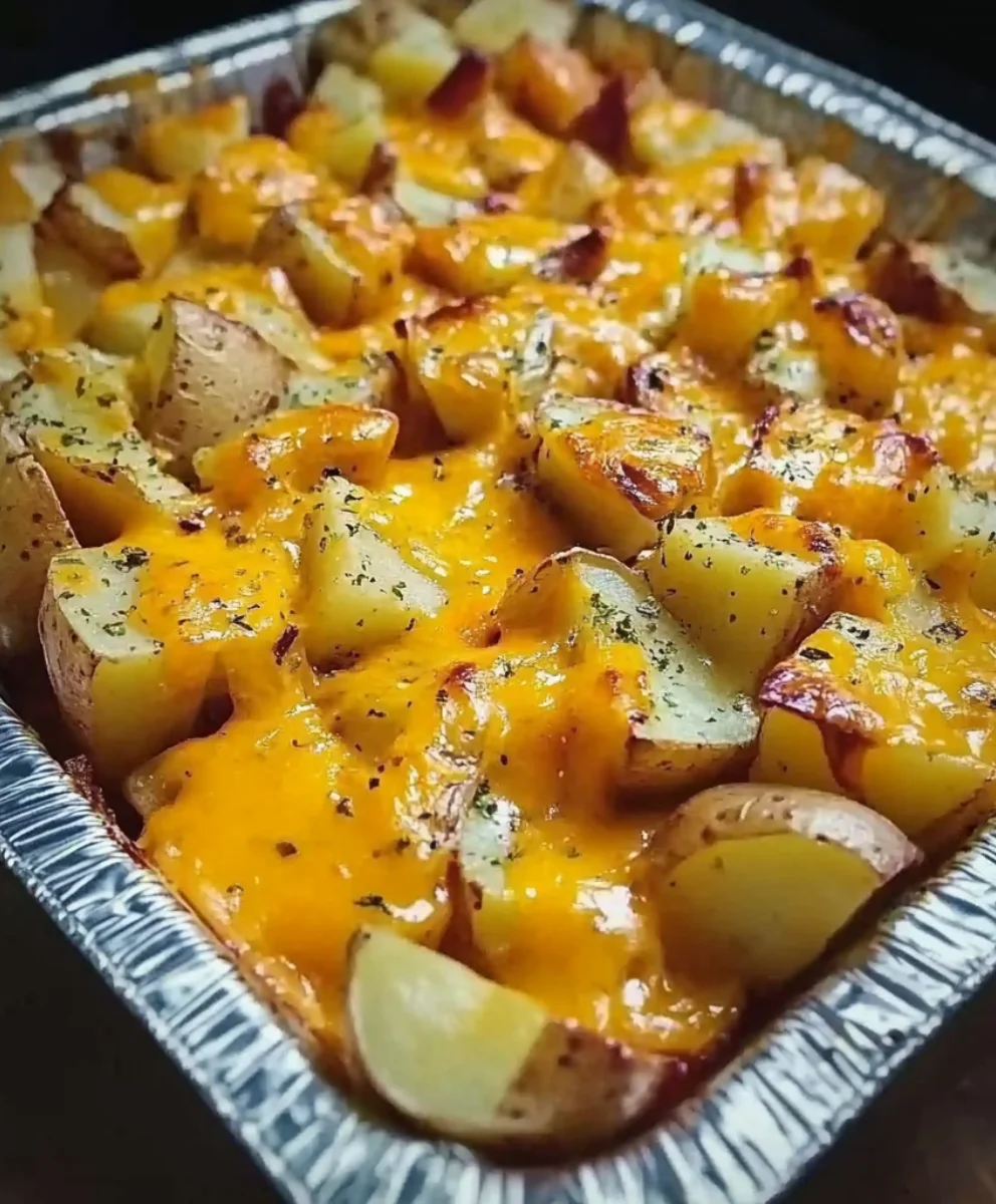 Crispy cheesy ranch oven roasted potatoes in a foil tray, topped with melted cheddar and herbs