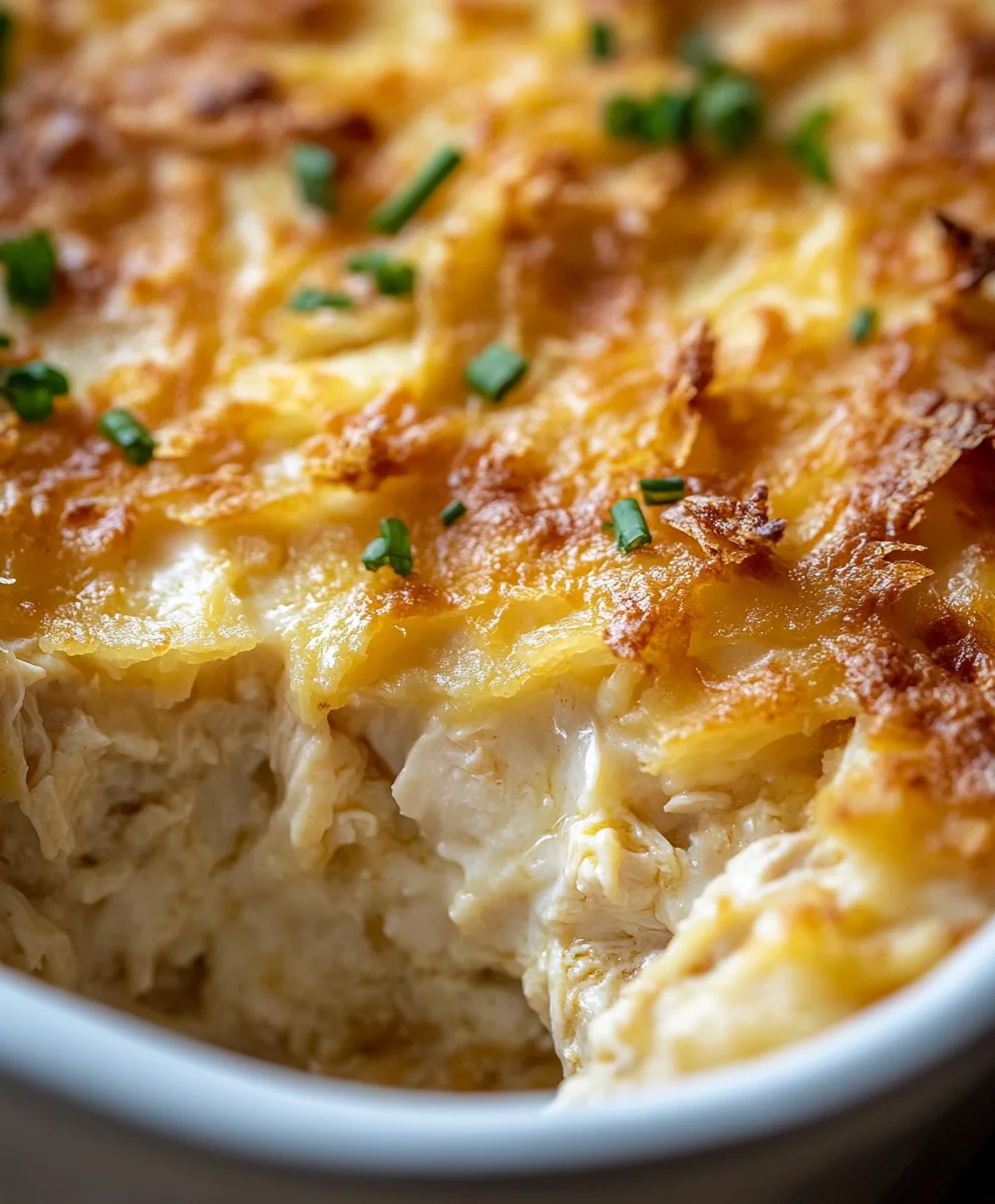 Golden-baked Chicken Hashbrown Casserole topped with melted cheese and fresh chives
