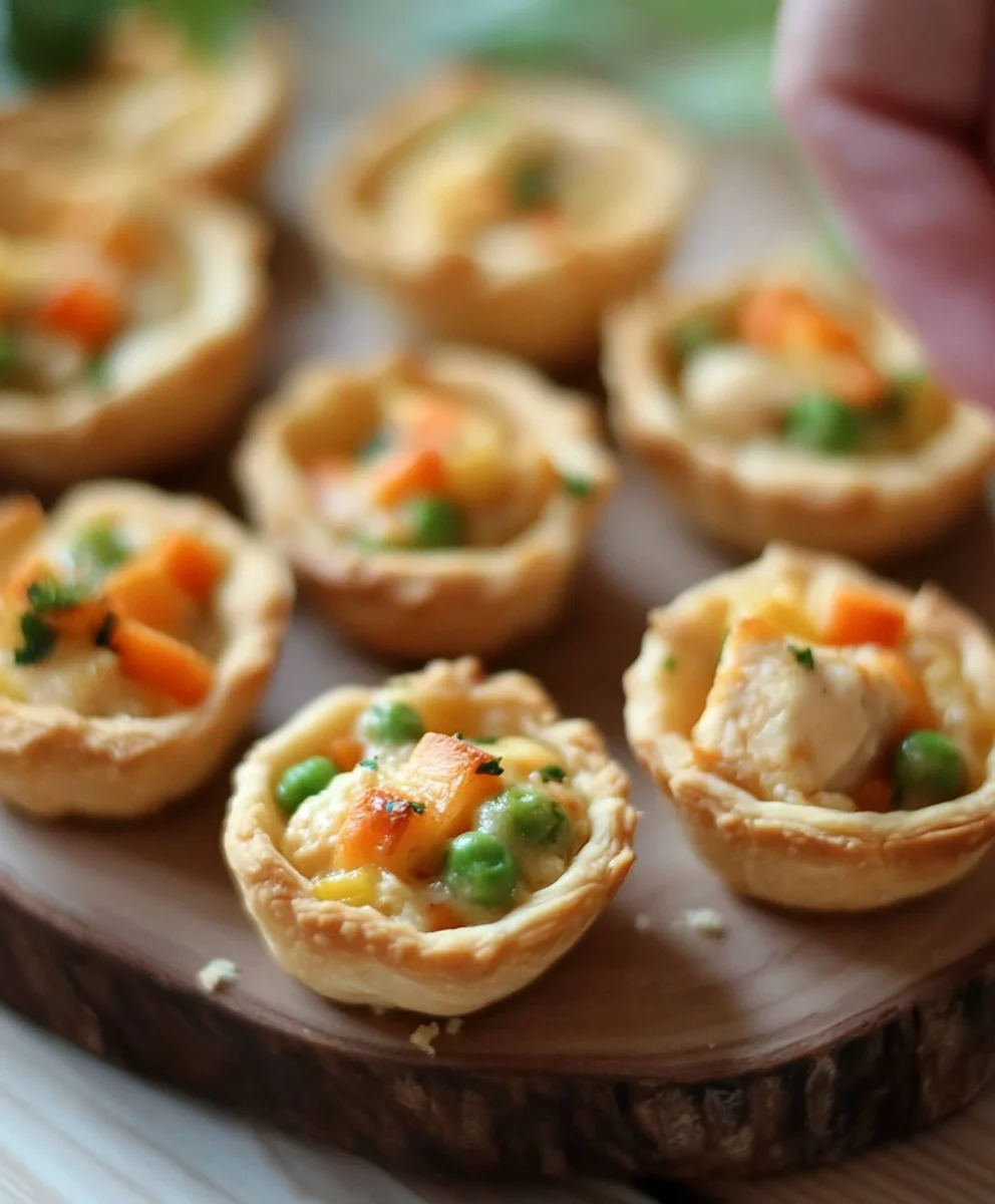 Assorted Chicken Pot Pie Bites with golden crust, peas, carrots, and chicken on rustic wooden platter