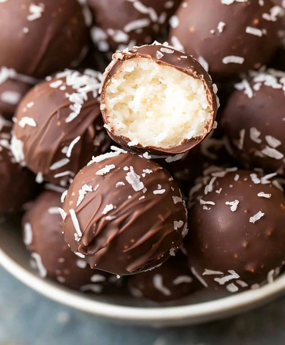 Bite-sized chocolate coconut balls with shredded coconut topping, revealing a creamy coconut filling inside.