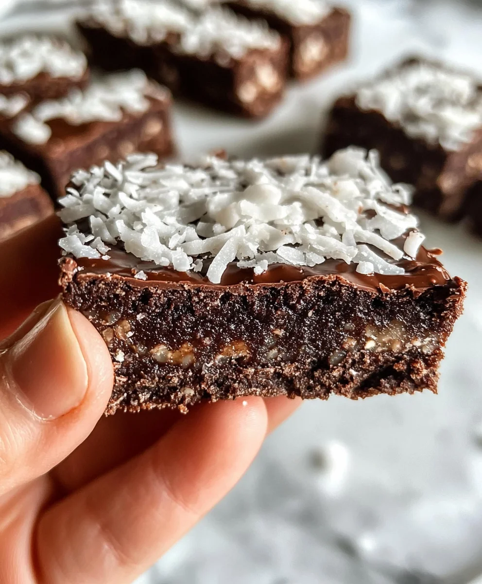 Close-up of a hand holding a chocolate coconut date bar with shredded coconut topping