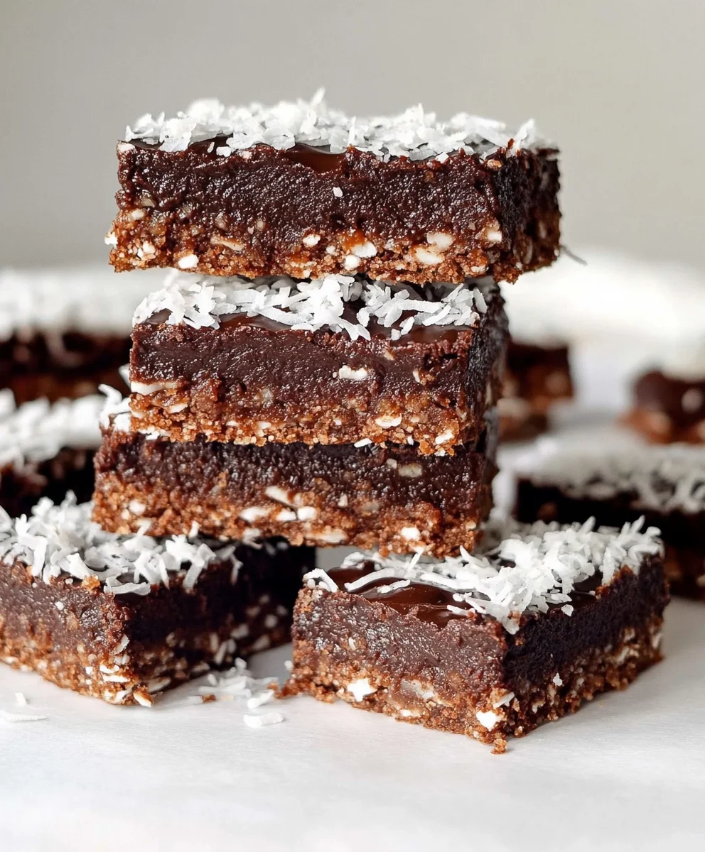 Multiple chocolate coconut date bars stacked with shredded coconut on top
