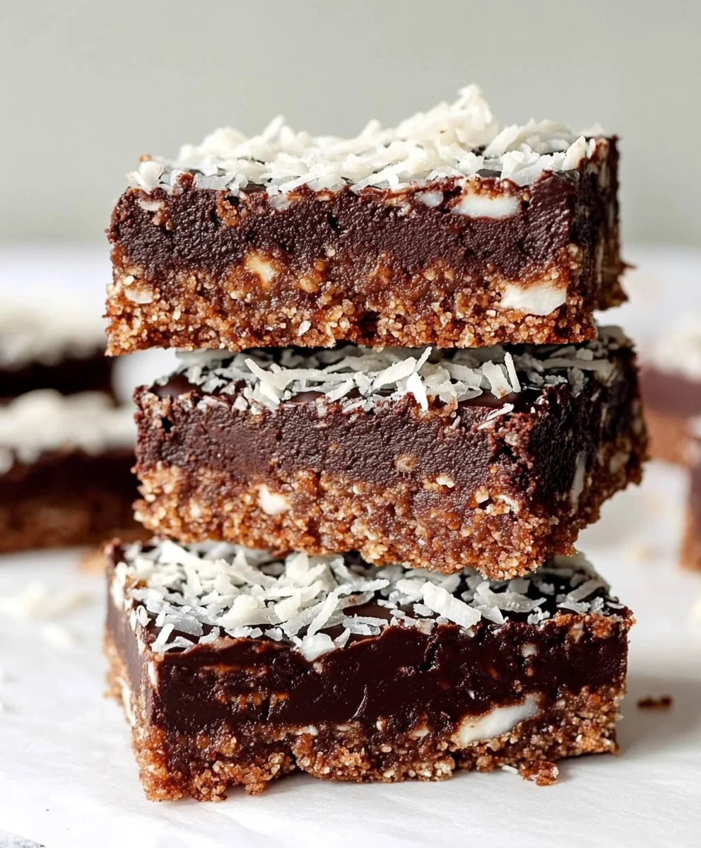 Stack of chocolate coconut date bars topped with shredded coconut