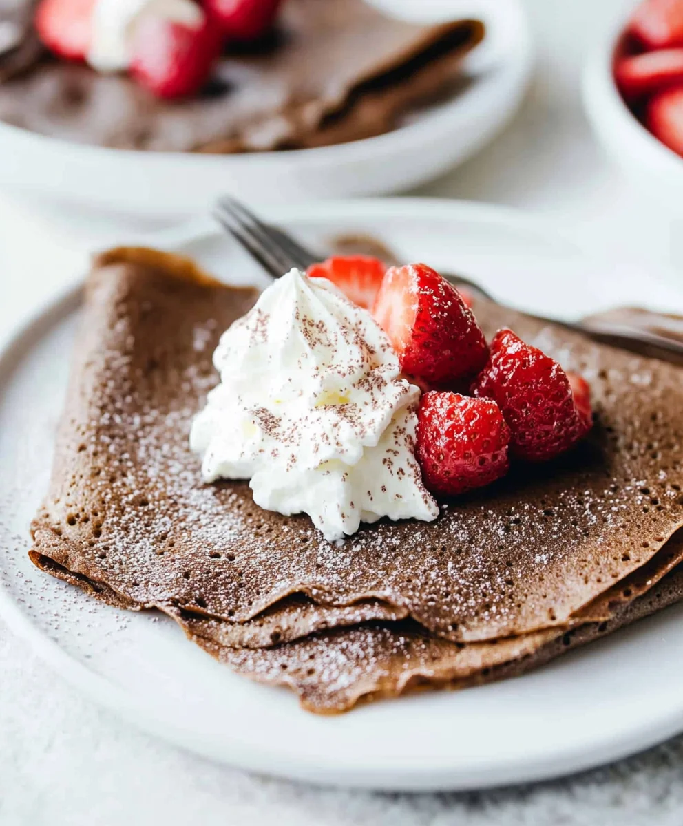Chocolate crepes folded with whipped cream, cocoa dusting, and fresh strawberries