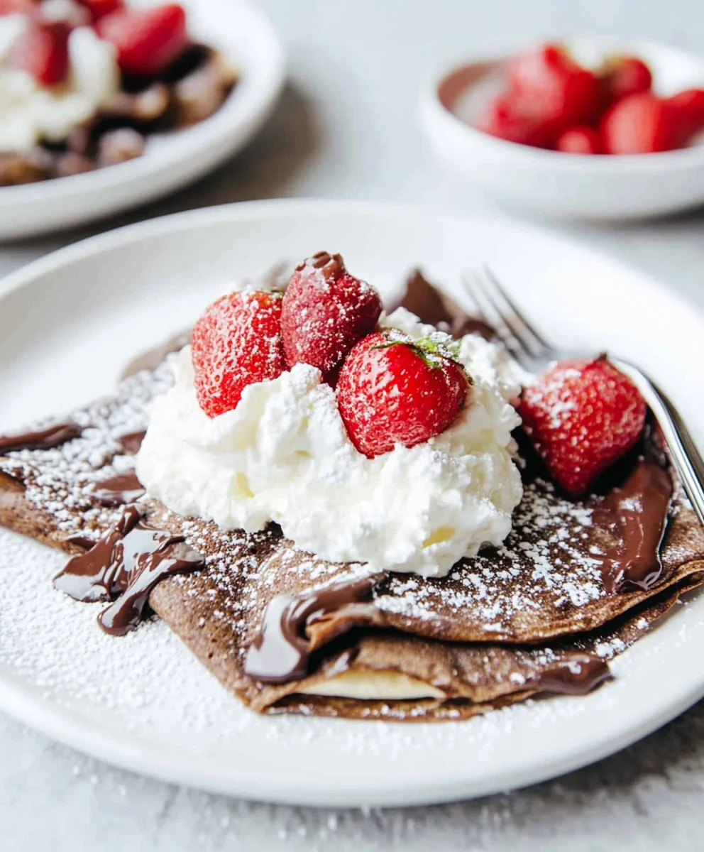 Chocolate crepes served with whipped cream and fresh strawberries on a white plate