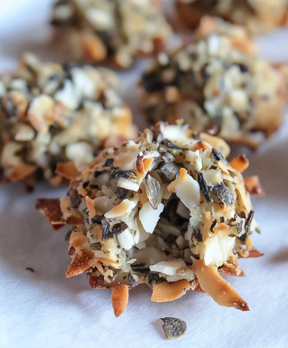 Close-up of homemade coconut clusters with toasted coconut flakes and seeds