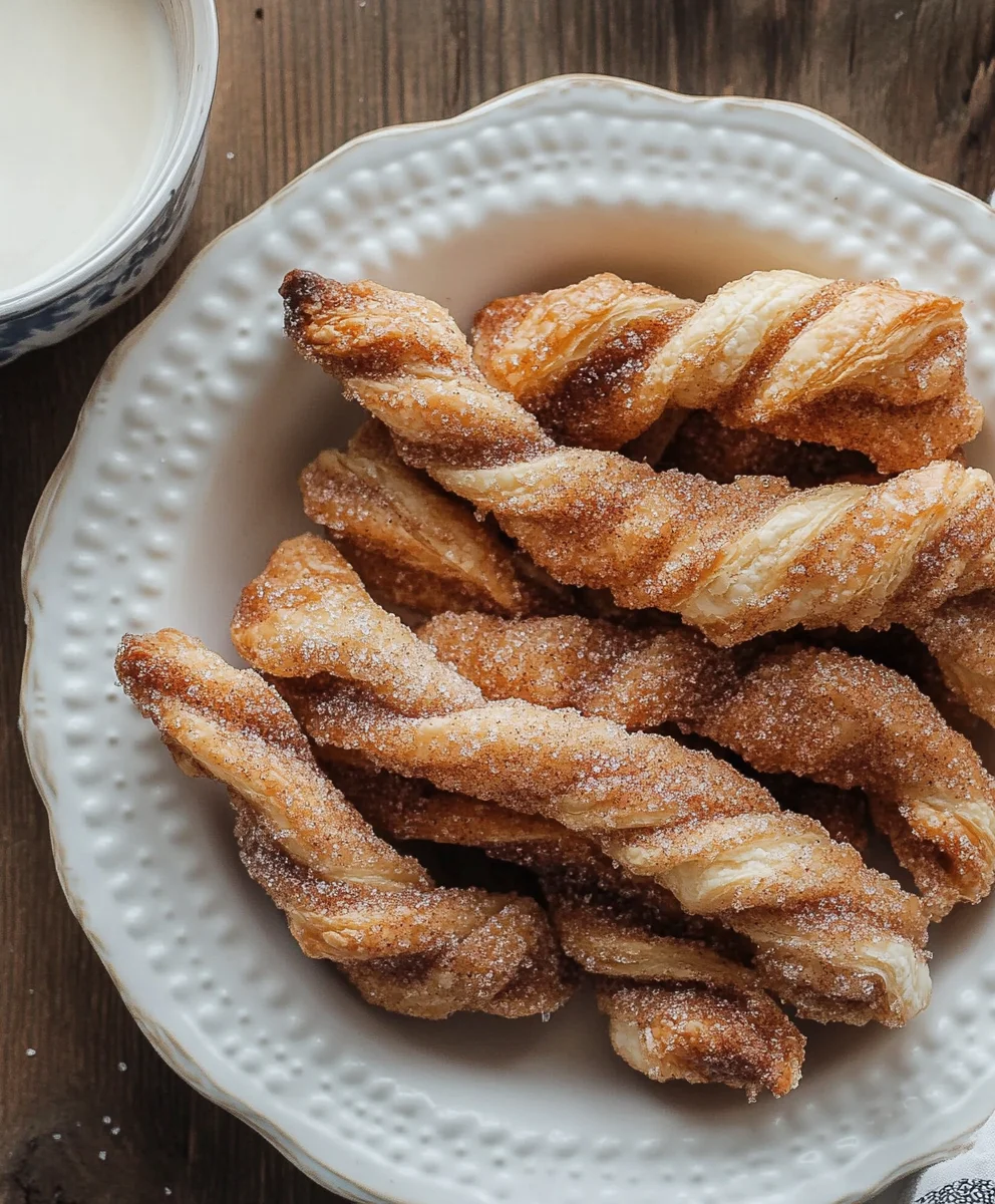 Golden and crispy cinnamon sugar twists on a white plate
