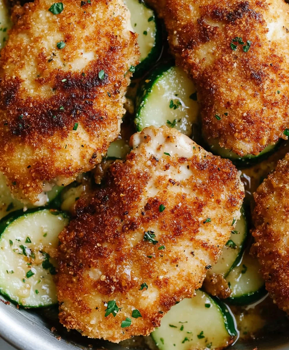 Golden, crispy parmesan chicken with a rich garlic sauce served with sautéed zucchini in a skillet.