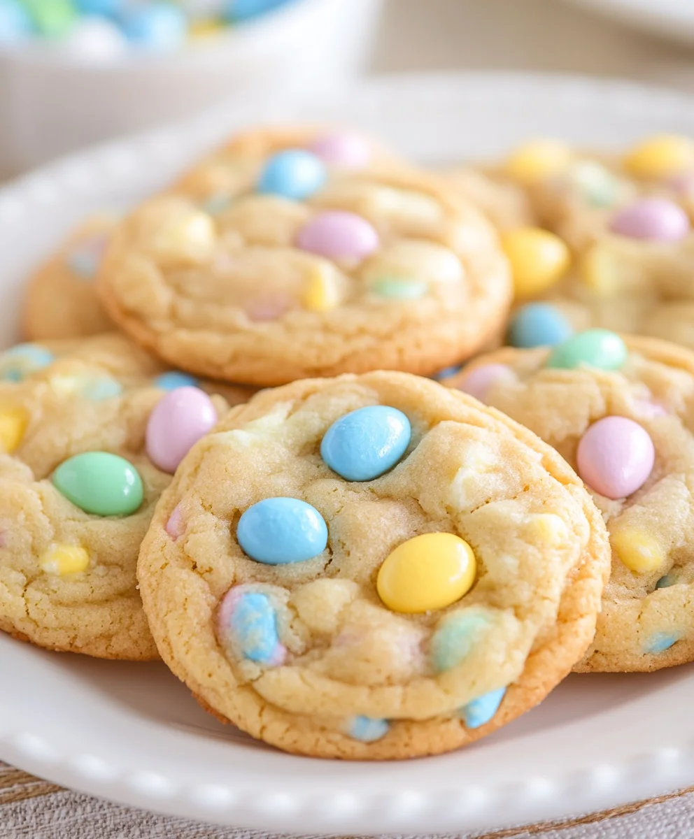 Soft and chewy Easter pudding cookies topped with pastel M&Ms