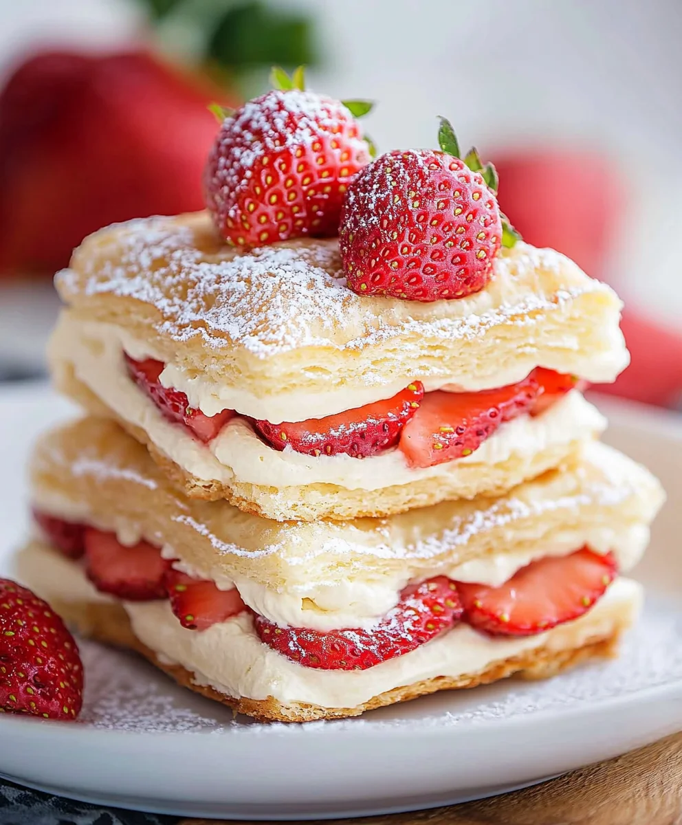 Close-up of a flaky strawberry Napoleon layered with cream and fresh strawberries