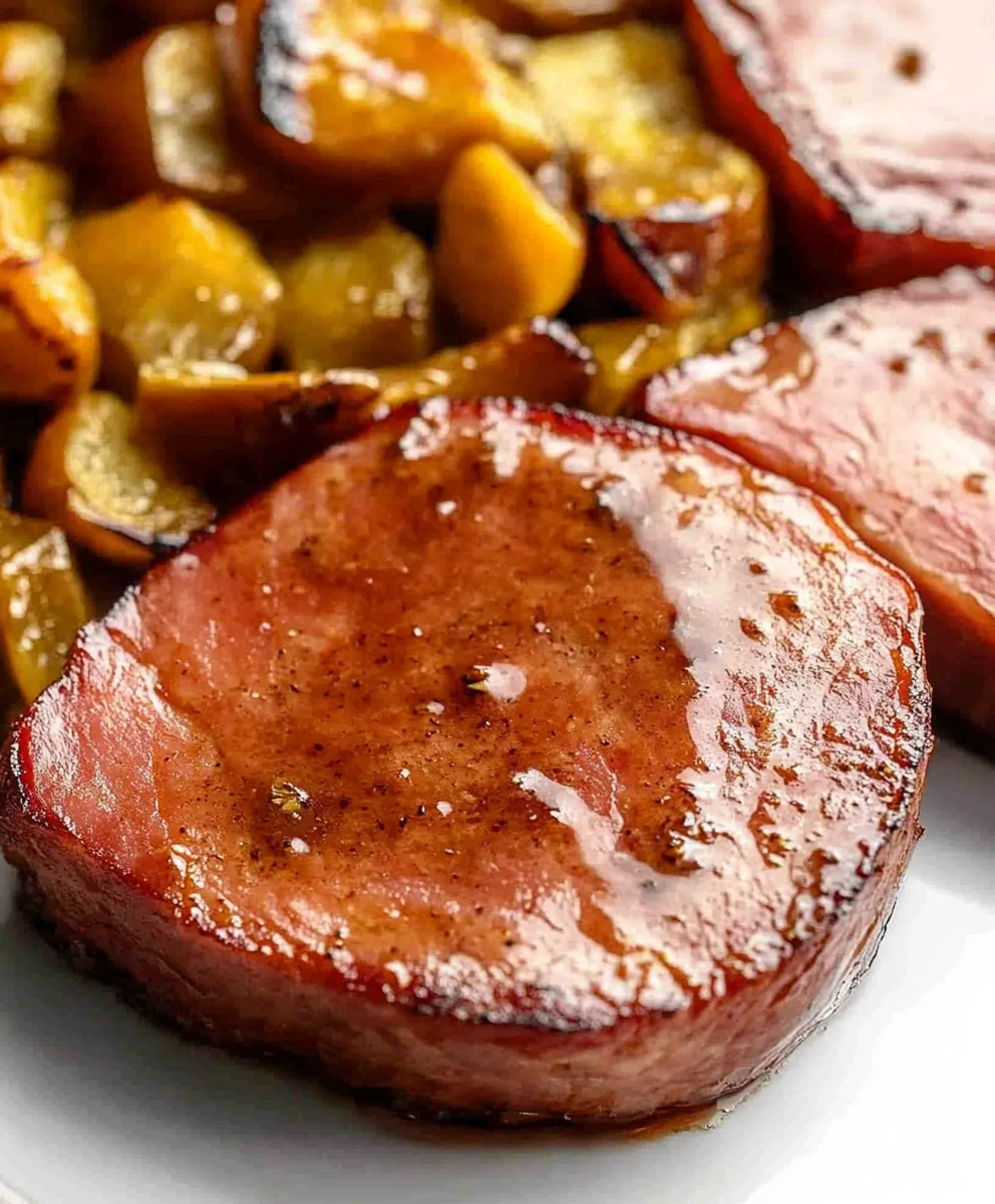 Juicy glazed ham steak served with golden-brown roasted potatoes.