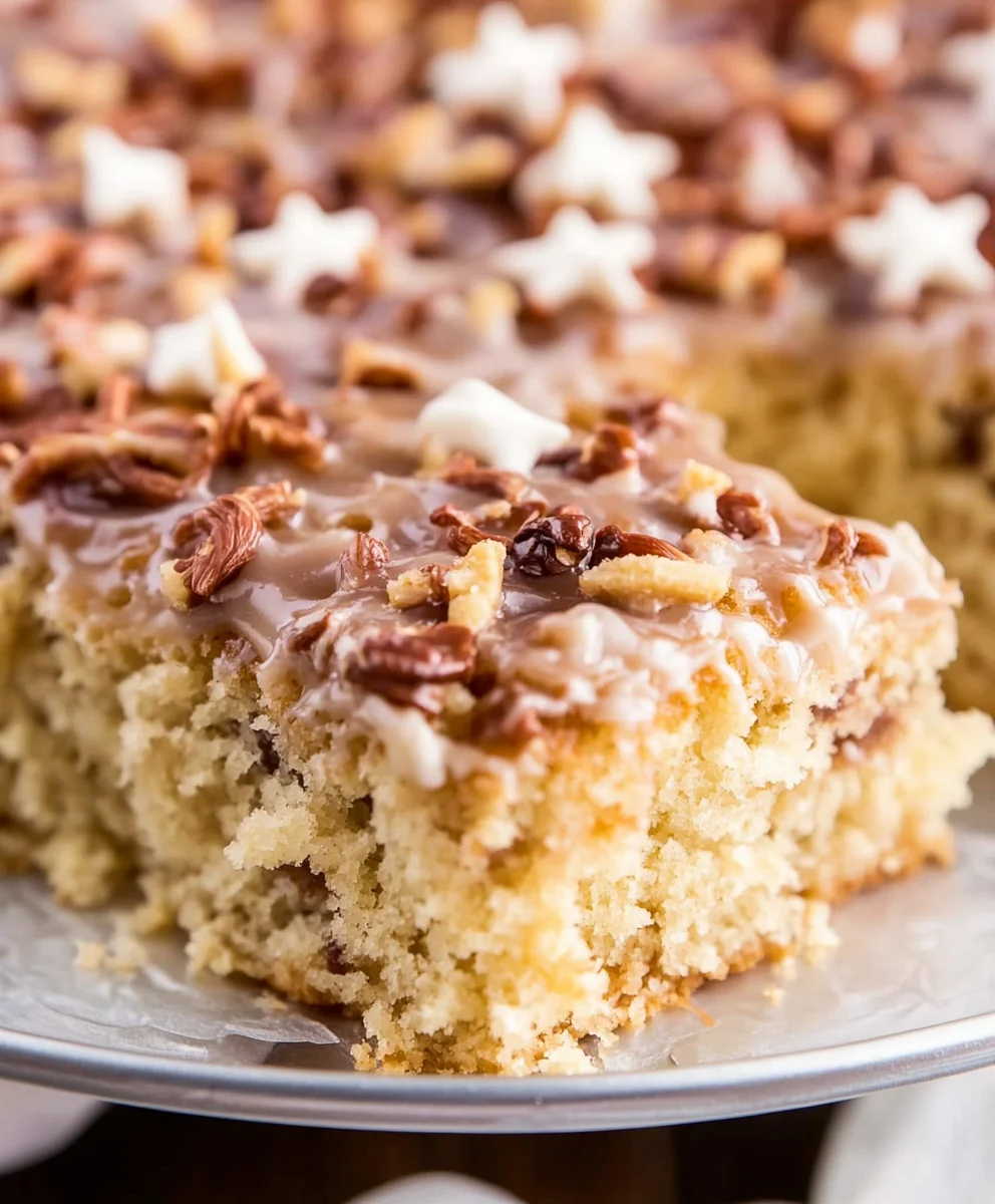 Patriotic God Bless America Cake topped with pecans and star sprinkles
