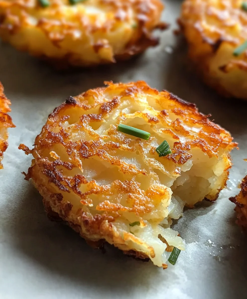 Crispy Golden Hashbrown Breakfast Delight garnished with chives on a baking sheet.