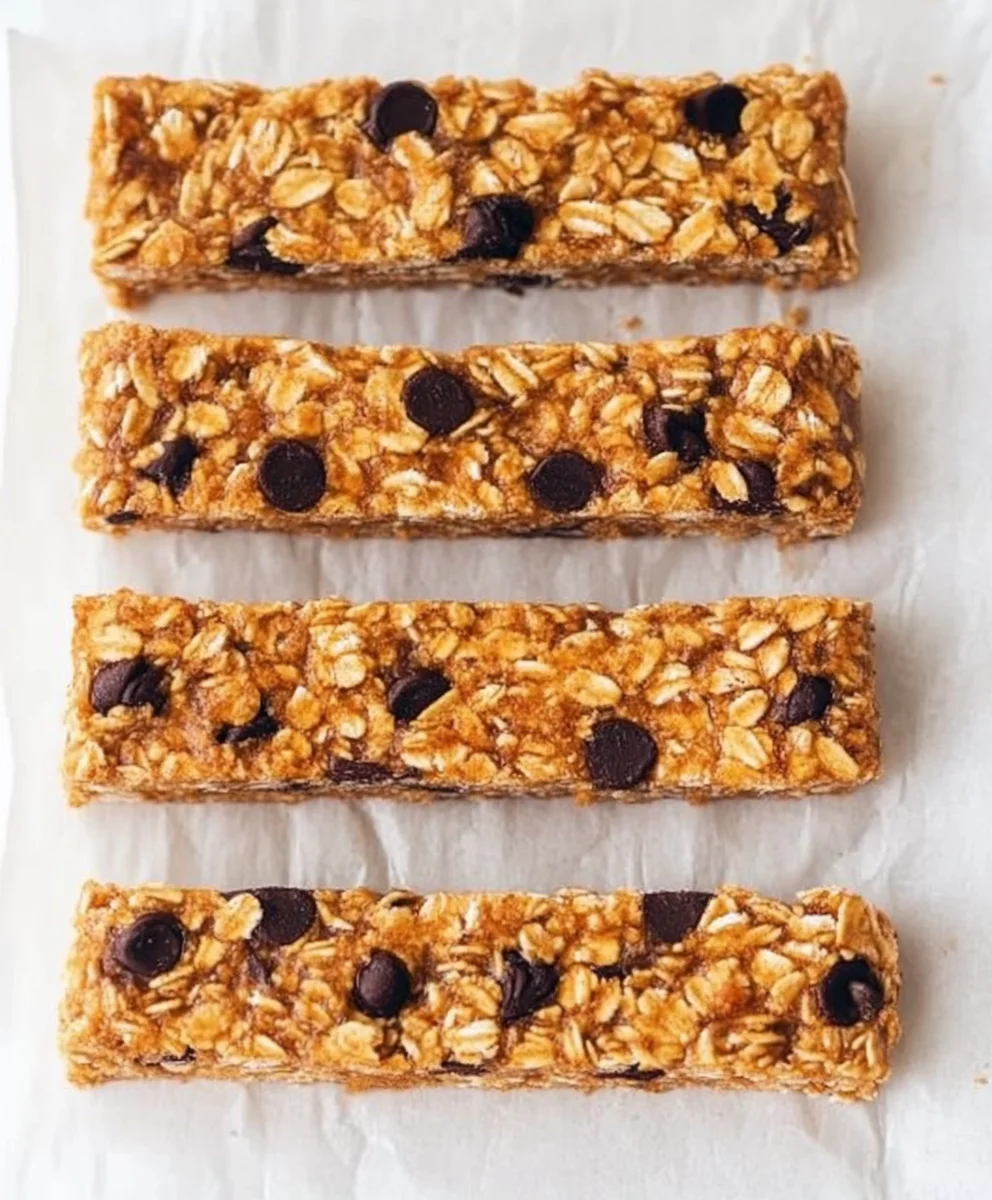 Four long homemade granola bars made with oats and chocolate chips