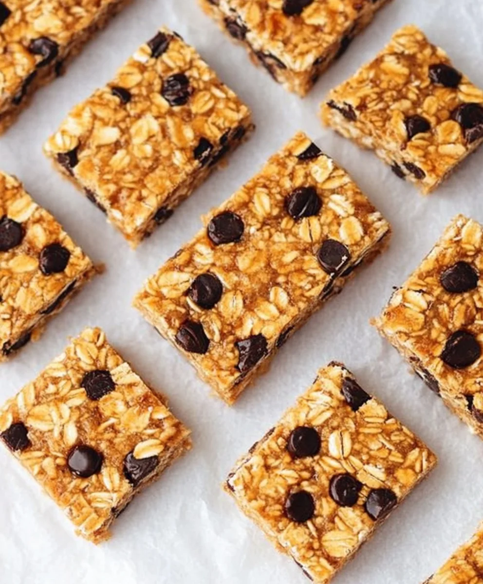 Close-up of homemade healthy granola bars with oats and chocolate chips