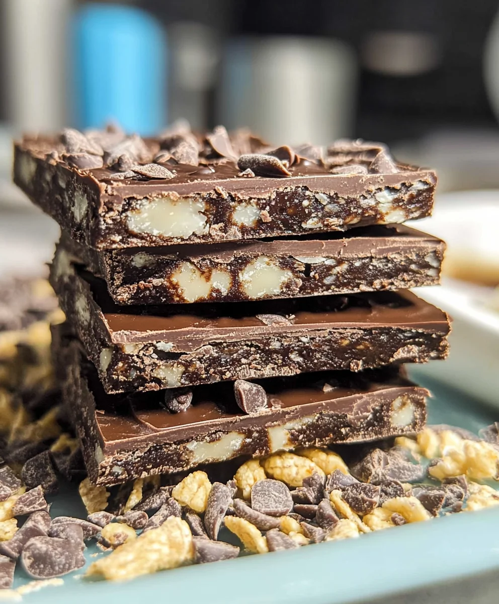 Stack of homemade chocolate-coated crunch bars with nuts and chocolate chips on a blue plate.