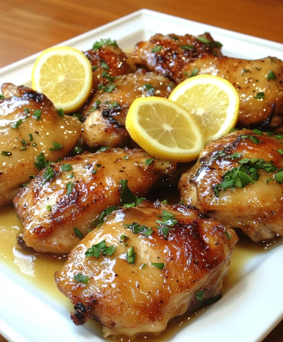 Honey lemon glazed chicken thighs with a golden glaze, garnished with parsley and lemon slices.