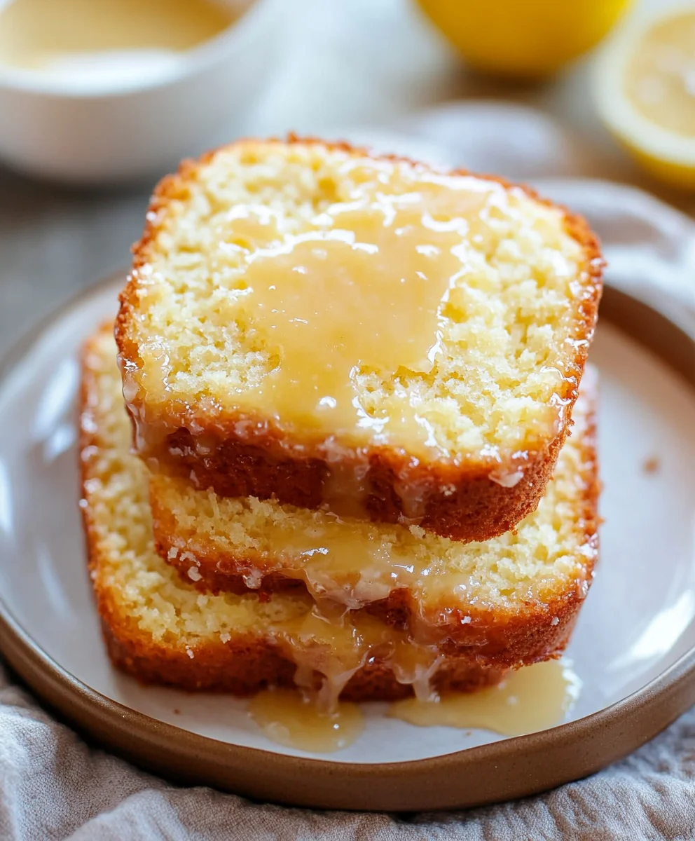 Thick slices of lemon drizzle pound cake with extra lemon glaze, served on a ceramic plate.