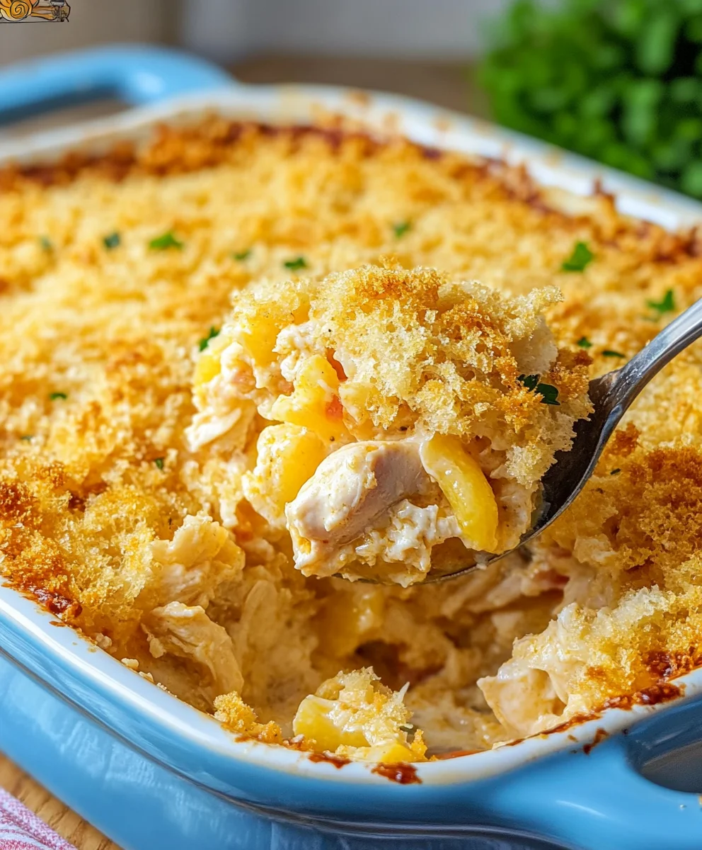 Close-up of a spoonful of Malibu Chicken Casserole with creamy chicken, pasta, and crispy golden breadcrumb topping