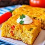 Moist and cheesy Mexican cornbread slice topped with sour cream and parsley
