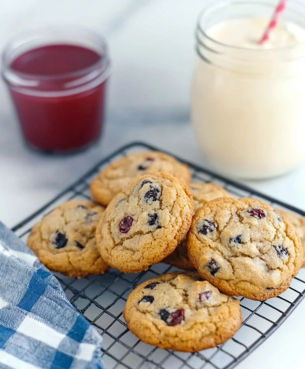 Muffin cookies with cranberry and blueberry on a cooling rack, served with milk and juice