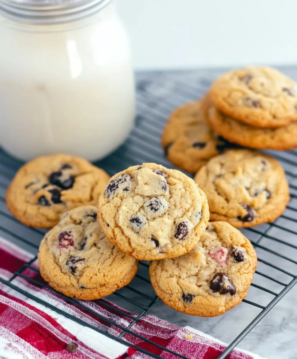 Freshly baked muffin cookies with chocolate chips on a cooling rack beside a glass of milk