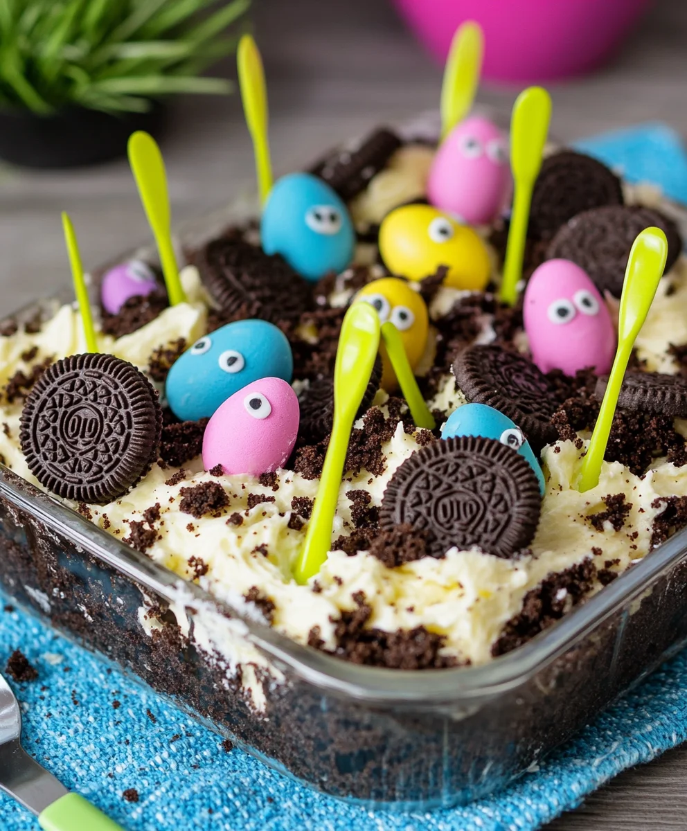 Oreo Easter Dirt Cake topped with playful egg candies, mini Oreos, and green plastic spoons