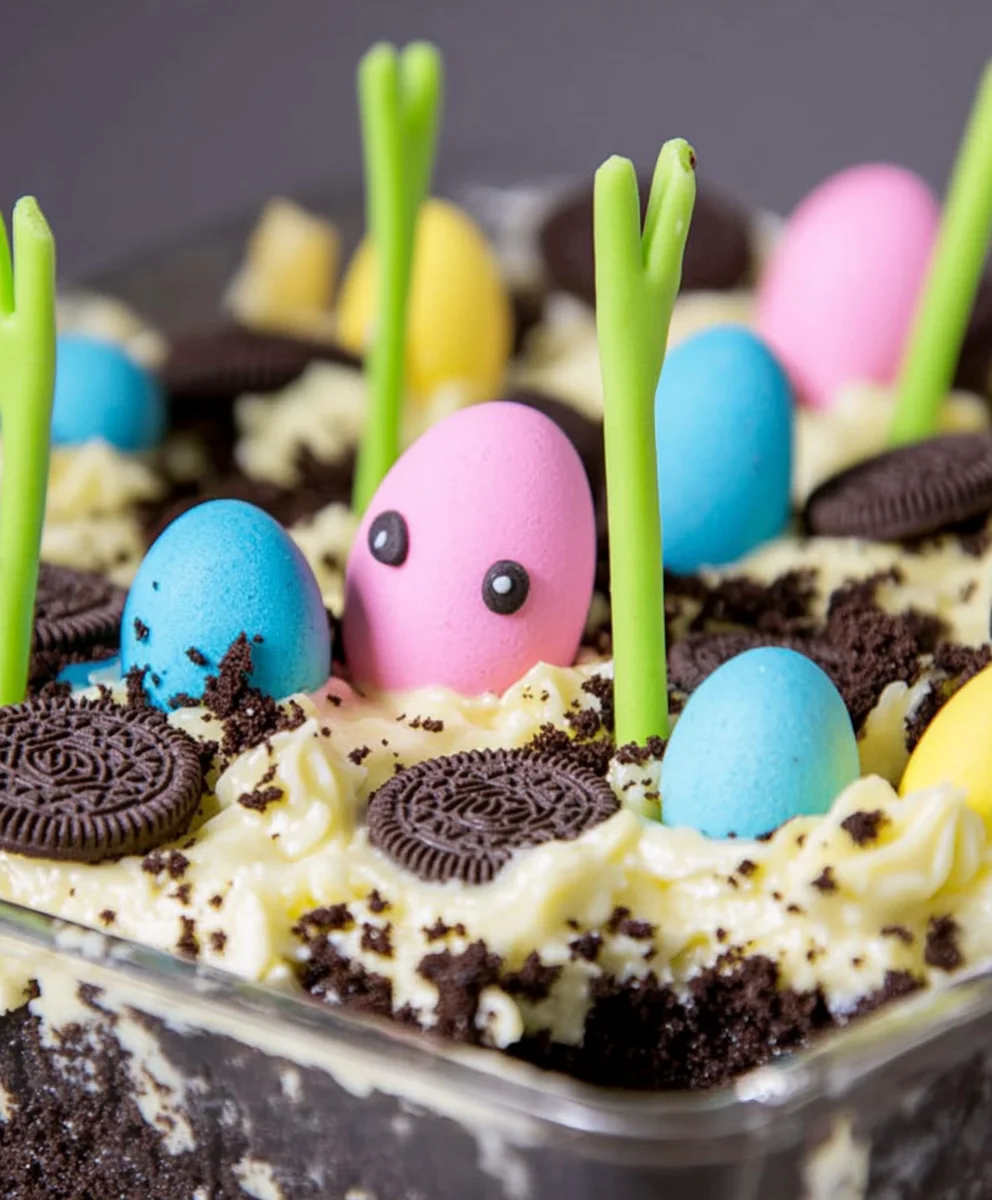Oreo Easter Dirt Cake with pink and blue egg candies, green candy stems, and mini Oreo cookies