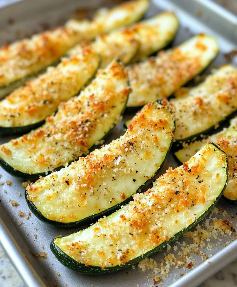 Golden brown Parmesan Zucchini Wedges on a baking tray with seasoning.