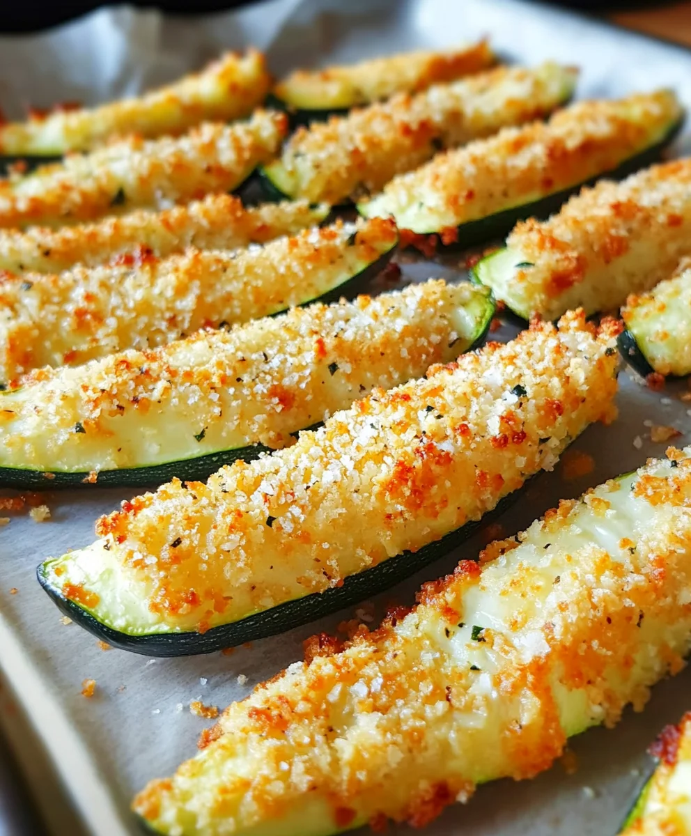 Crispy Parmesan Crusted Zucchini Wedges on a baking sheet with a golden brown cheese coating.