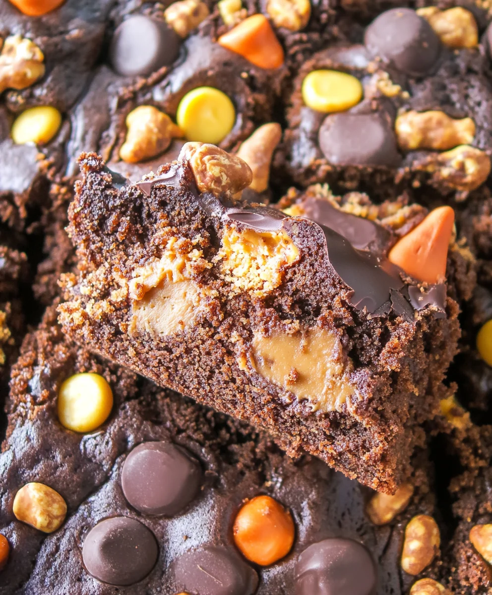 Chocolate and peanut butter dessert bar with cookie dough topping and chocolate drizzle