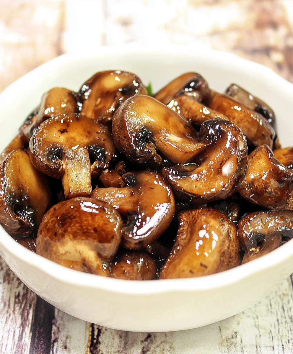 Bowl of sautéed mushrooms glazed in garlic butter and herbs