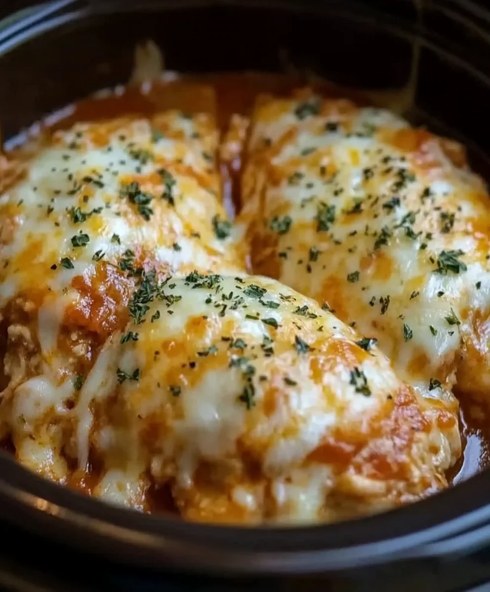 Cheesy Mozzarella Chicken cooked in a slow cooker with bubbling cheese and marinara sauce