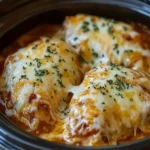 Slow Cooker Cheesy Mozzarella Chicken topped with melted mozzarella and herbs in a crockpot