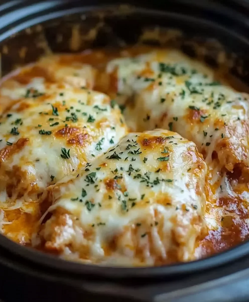 Close-up of Slow Cooker Cheesy Mozzarella Chicken with herbs and melted cheese