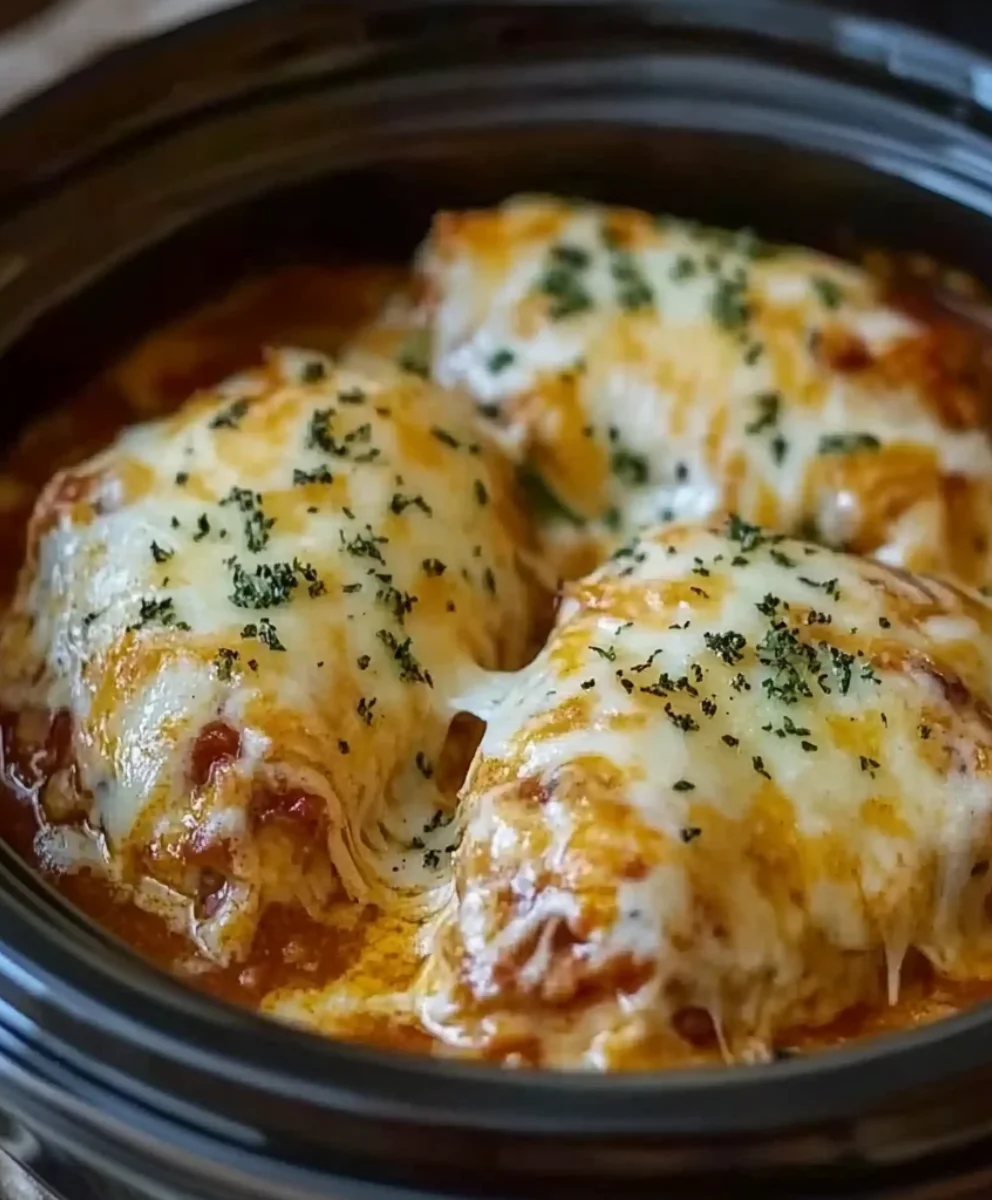 Slow Cooker Cheesy Mozzarella Chicken topped with melted mozzarella and herbs in a crockpot
