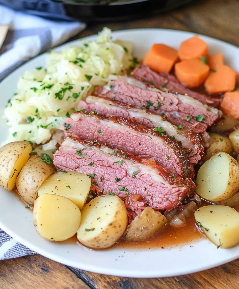 Sliced Slow Cooker Corned Beef with tender potatoes, carrots, and cabbage on a white plate.